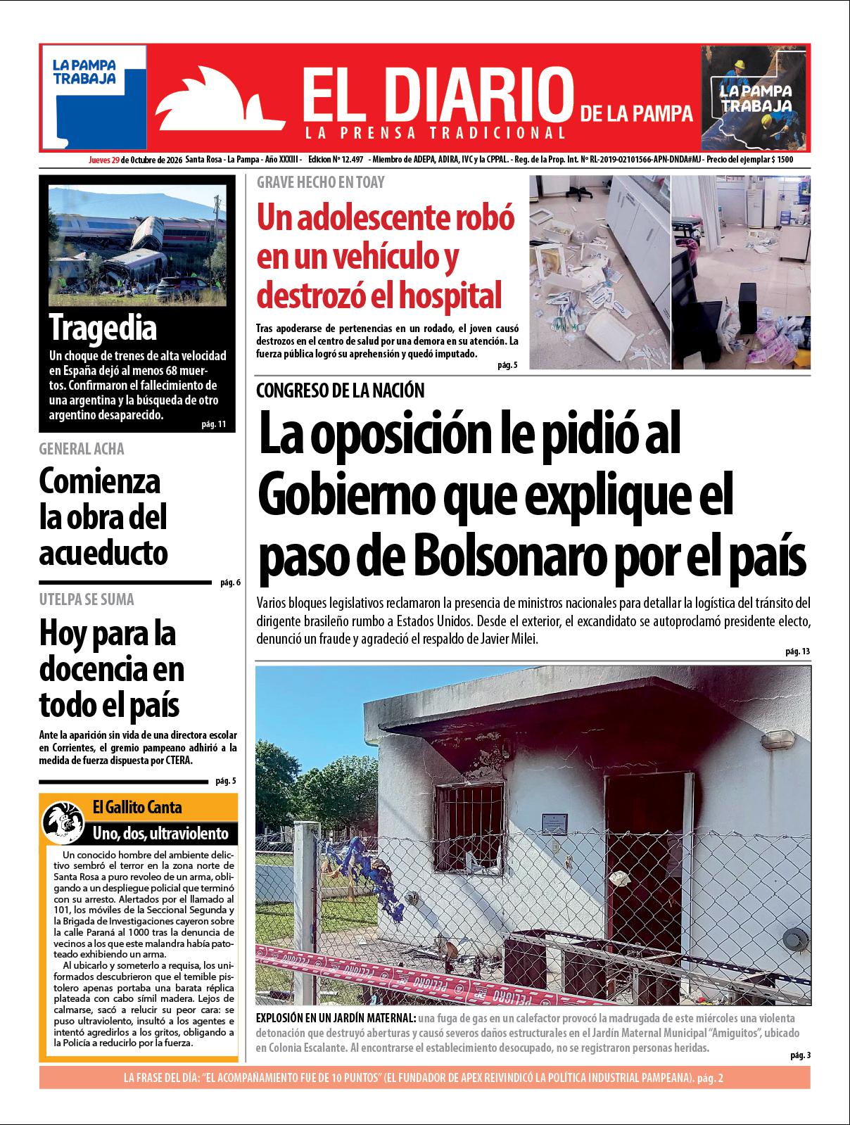 Tapa de El Diario en papel  jueves 29 de octubre de 2026